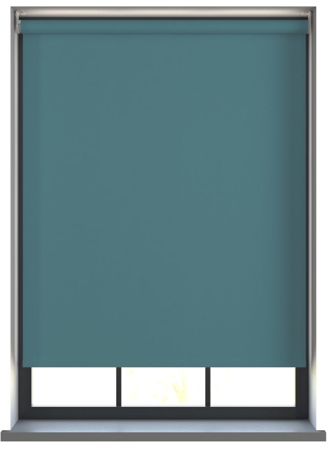 Our Amor Muted Teal Roller blind in a living room window.