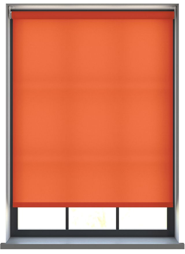 A orange dimout roller blind in a window